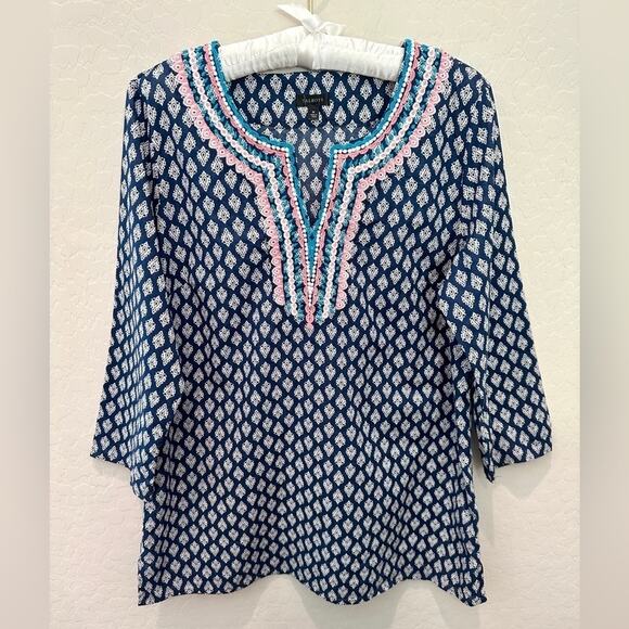 TALBOTS | Blue Boho Embroidered Tunic Top 100% Cotton | Size Medium - Picture 1 of 7